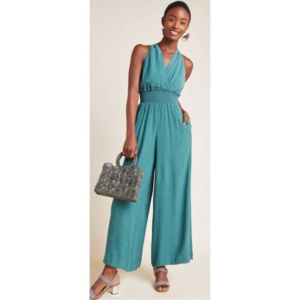 Anthropologie S Bionda Plisse Jumpsuit‎ Green Sleeveless Smocked Wide Leg